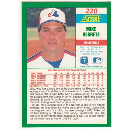 1990 Score Mike Aldrete error baseball card #220 – Expos