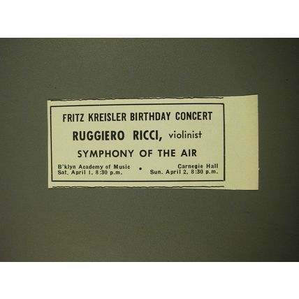 1961 Fritz Kreisler Birthday Concert Advertisement - Ruggiero Ricci, Violinist