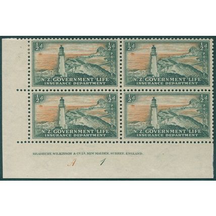 New Zealand 1947 ½d. green & orange-red Life Insurance SGL42 unused block x4