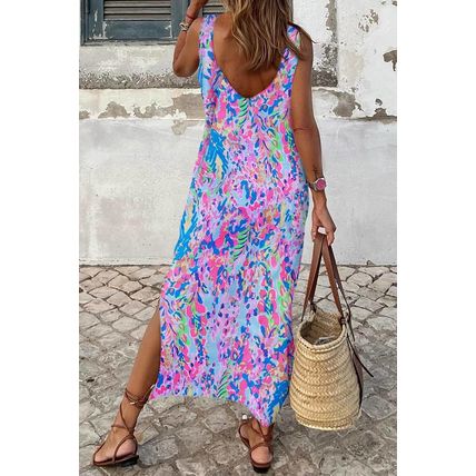 Purple Abstract Floral Print Sleeveless Maxi Dress