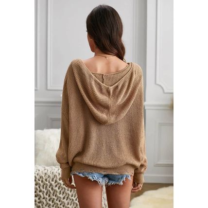 Khaki Zipper V-neck Dropped Sleeve Hooded Solid Sweater