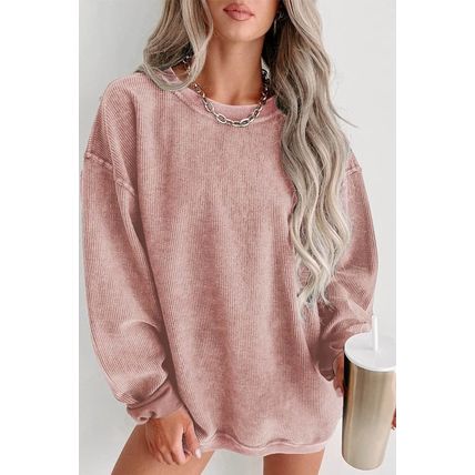 Pink Solid Ribbed Knit Round Neck Pullover Sweatshirt