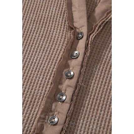 Coffee Acid Wash Waffle Knit Buttoned Neckline Long Sleeve Top