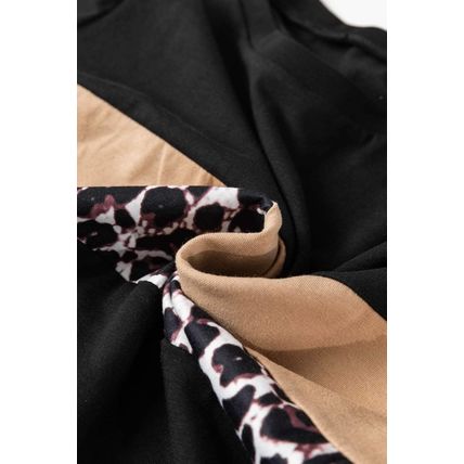 Khaki Leopard Colorblock Patchwork Crew Neck Long Sleeve Tee