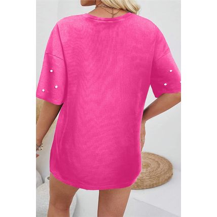 Bright Pink Pearl Beaded Drop Shoulder Crewneck T Shirt