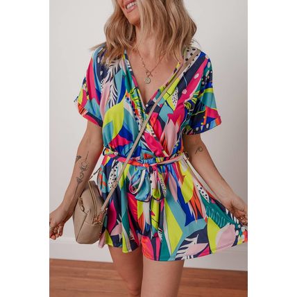 Multicolour Tropical Printed Surplice Neck Tie Waist Romper