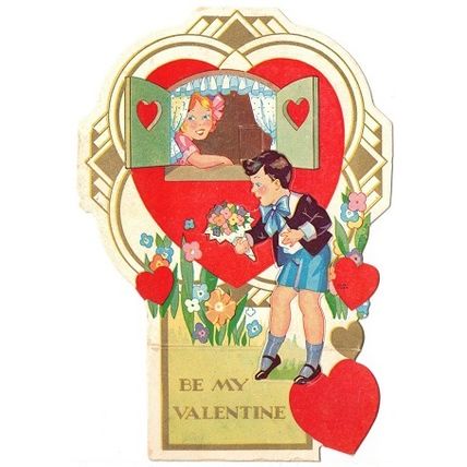 VINTAGE ' VALENTINE CARD ' YOUNG BOY and GIRL Punch Out card 1930s
