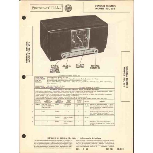 GENERAL ELECTRIC model 551 552 AM radio clock Sams Photofact manual