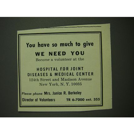 1971 Hospital for Joint Diseases & Medical Center Ad - You have so much to give