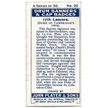 PLAYER'S CIGARETTE CARD DRUM BANNERS & CAP BADGES 1924 No.20 # 17th.LANCERS