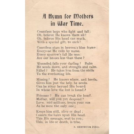 WW1 Mothers War Time Prayer Hymn Old Military Postcard