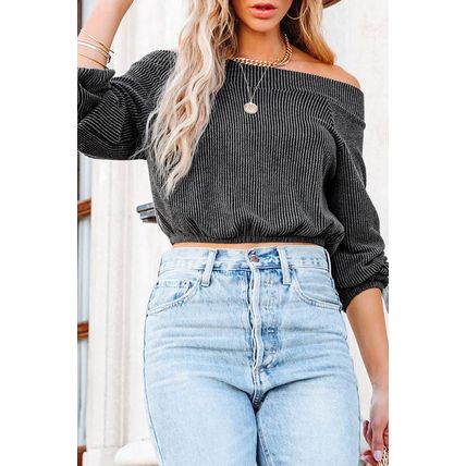 Gray Ribbed Knit Off-Shoulder Balloon Sleeve Top