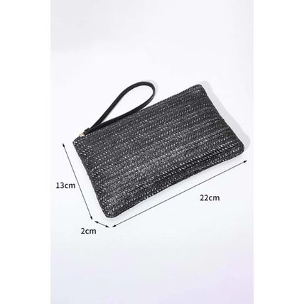 Black Straw Woven Wrist Strap Zipper Large Wallet