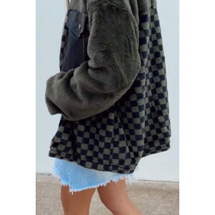 Vineyard Green Fleece Checkerboard Flap Pocket Snap Button Jacket