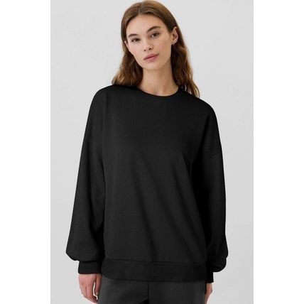 Black Solid Fleece Lined Drop Shoulder High Low Sweatshirt