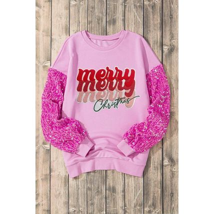 Pink Merry Christmas Graphic Sequin Sleeve Patchwork Top