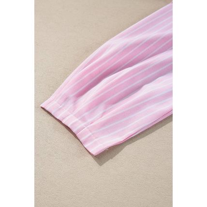 Pink Stripe Bowknot Front Crew Neck Puff Sleeve Blouse