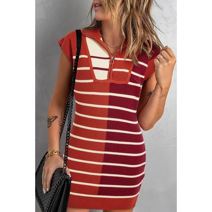 Brown Stripe Color Block Quarter Zip Collar Short Sleeve Sweater Dress