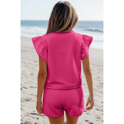 Strawberry Pink Striped Detail Flutter Sleeve Zipped Collar Short Set