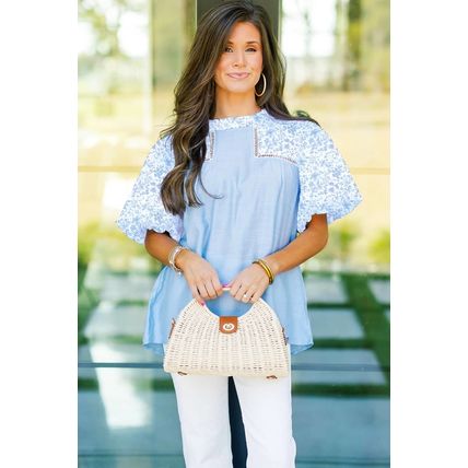 Beau Blue Lace Insert Floral Puff Sleeve Patchwork Loose Blouse