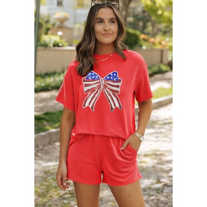 Orange Independence Day Sequin Bow Graphic Twist Rib Textured Short Set