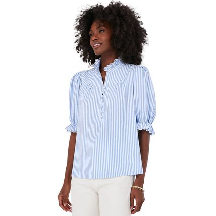 Sky Blue Stripe Ruffled Collar Puff Sleeve Half Buttons Blouse