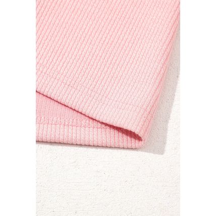Light Pink Pearl Beaded Ruffle Short Sleeve Patchwork Ribbed Blouse