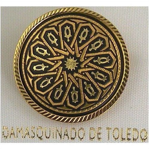 Damascene Gold Geometric Round Brooch by Midas of Toledo Spain style 8700Geo