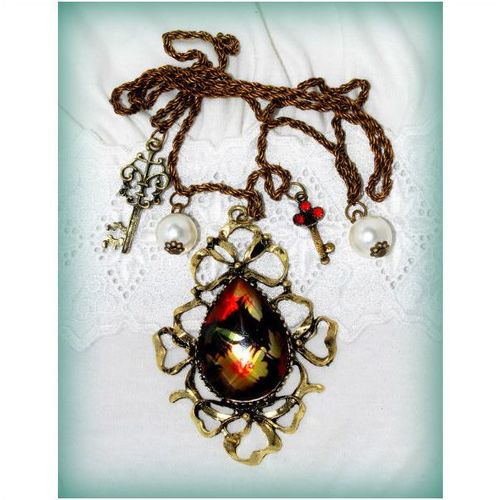 Sale Antiqued Bronze Pendant Crystal Key Faux Pearl Necklace Jewellery 1392