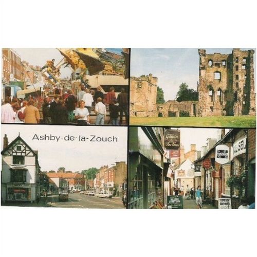 Ashby-de-la-Zouch, Leicestershire - statues, castle, Market Street - postcard