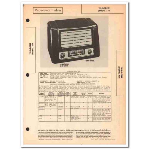tele-tone model 138 5-tube am sw radio receiver sams photofact manual