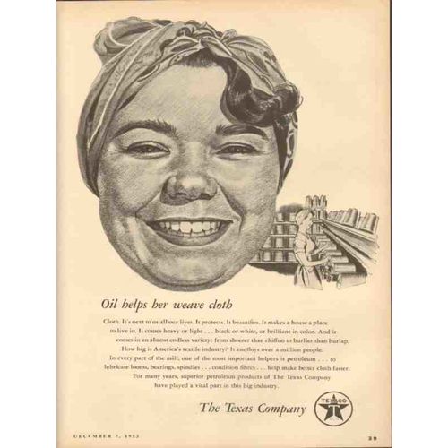 texas company 1953 oil helps her weave cloth vintage ad