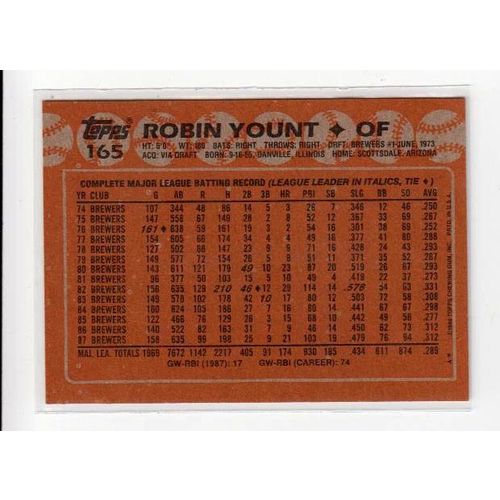 1988 Topps Robin Yount baseball card #165-NM-HOF- Brewers