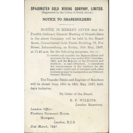 Gold Mining - Spaarwater commercial shareholder postcard, London 1947 -meter pmk