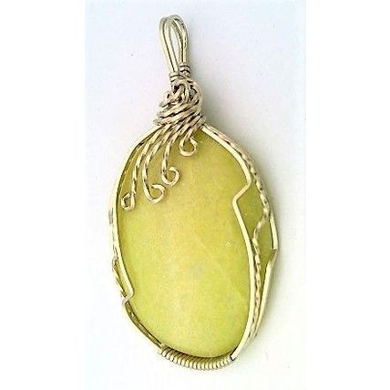 Yellow Serpentine Nickel Silver Wire Wrap Gemstone Pendant 19