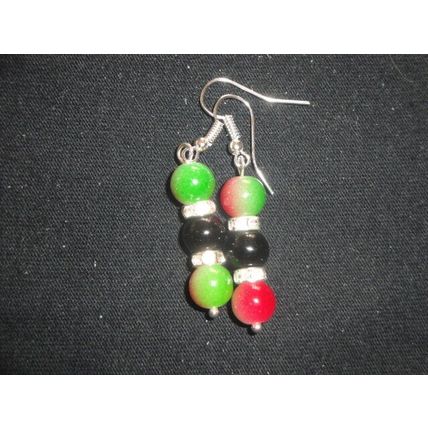 Blended red / green with black glass & clear crystal rhinestone drop earrings
