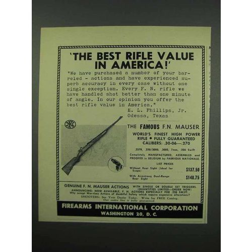 1952 Firearms International Ad - F.N. Mauser Rifle