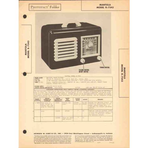 MANTOLA model R-7543 5 tube AM radio receiver Sams Photofact manual