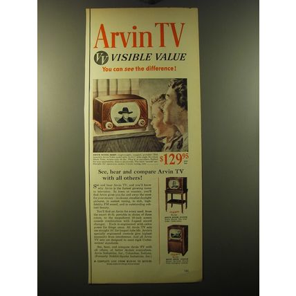 1950 Arvin 4080T, 2123TM and 2160CM Televisions Advertisement