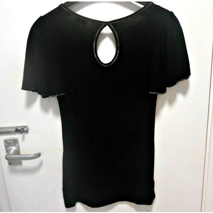 Ethel Austin angel sleeve low cut black top with silver floral pattern s 8/10