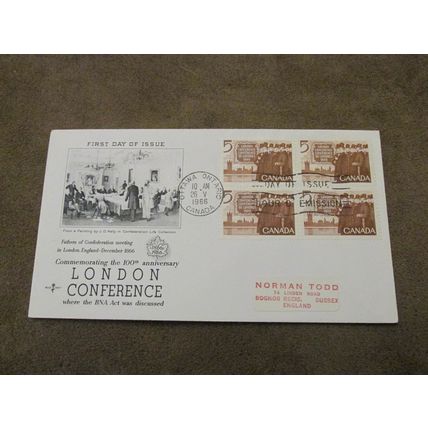 1966 Canada postal FDC Cover - London Conference centenary quad