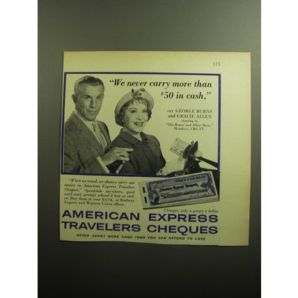 1958 American Express Travelers Cheques Ad - George Burns and Gracie Allen