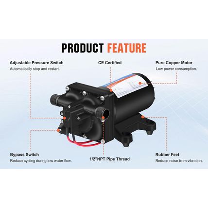YOUNGTREE RV Fresh Water Pressure Pump 12V 5.5GPM 70PSI, on Demand Self Priming