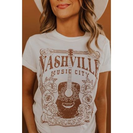 White NASHVILLE MUSIC CITY Graphic Crew Neck Tee