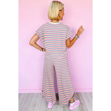 Pink Stripe Rainbow Tee Tasseled String Wide Leg Pants Set