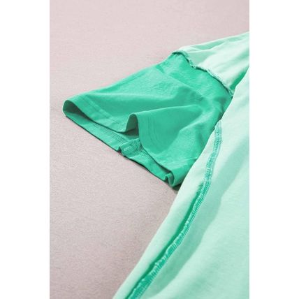 Bright Green Contrast Color Patchwork Half Button T Shirt