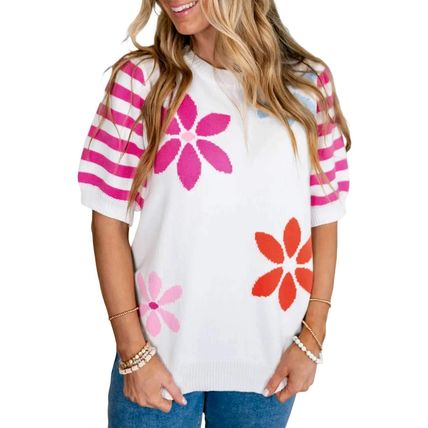 White Floral Pattern Striped Sleeve Sweater T Shirt