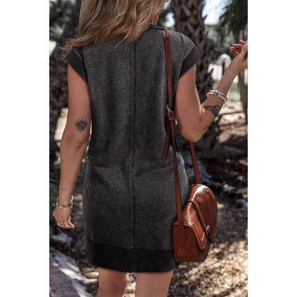 Black Quarter Zip Pocketed Cap Sleeve Sweatshirt Dress
