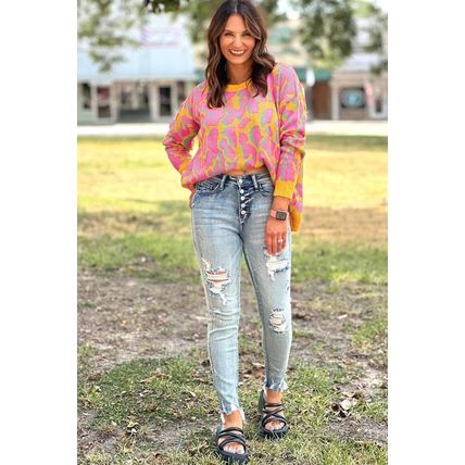 Vitality Orange Abstract Print Ribbed Trim Baggy Sweater