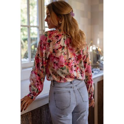 Red Floral Print Ruffled Stitch Buttoned Loose Fit Shirt